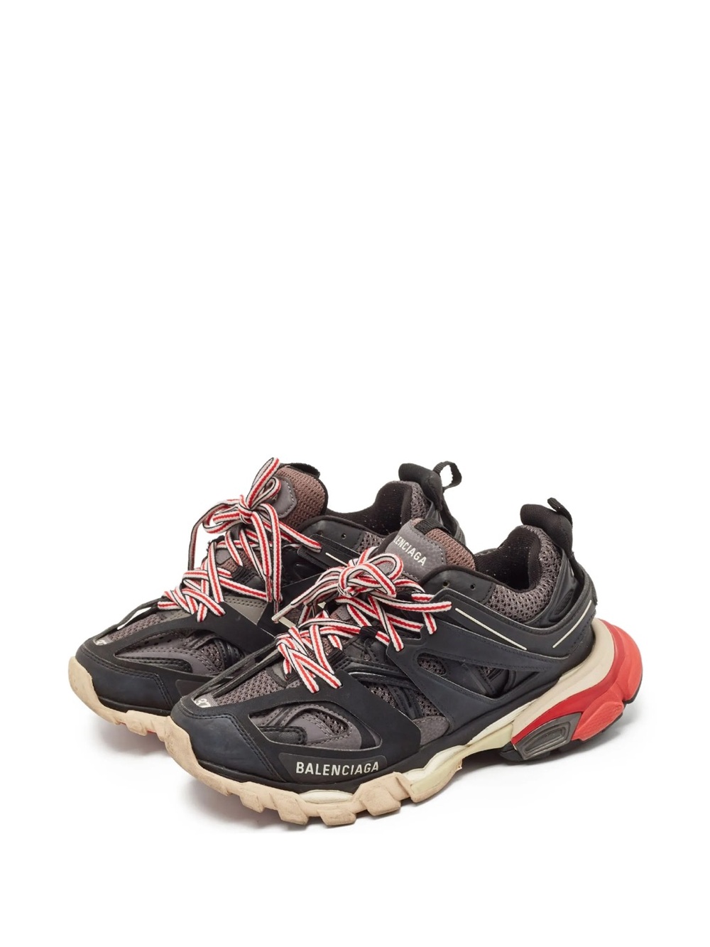 Balenciaga Black and Gray Track-Inspired Chunky Sneakers with Red/White Laces